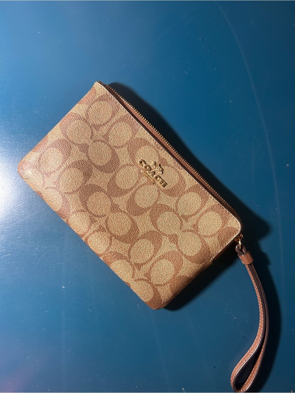 Coach Brown Signature Canvas Zip Wristlet with Gold Logo